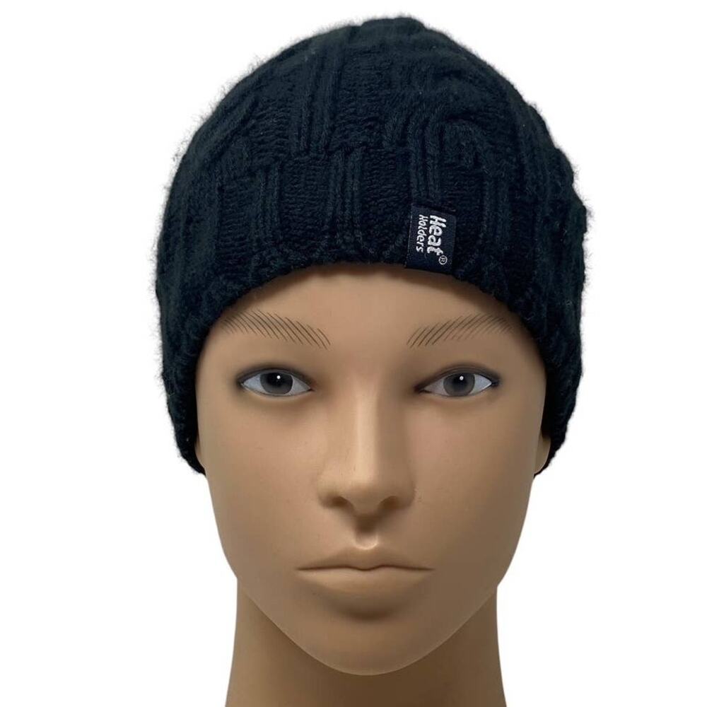 HEAT HOLDERS Black Cable Knit Fleece Women's Winter Cap Beanie Hat